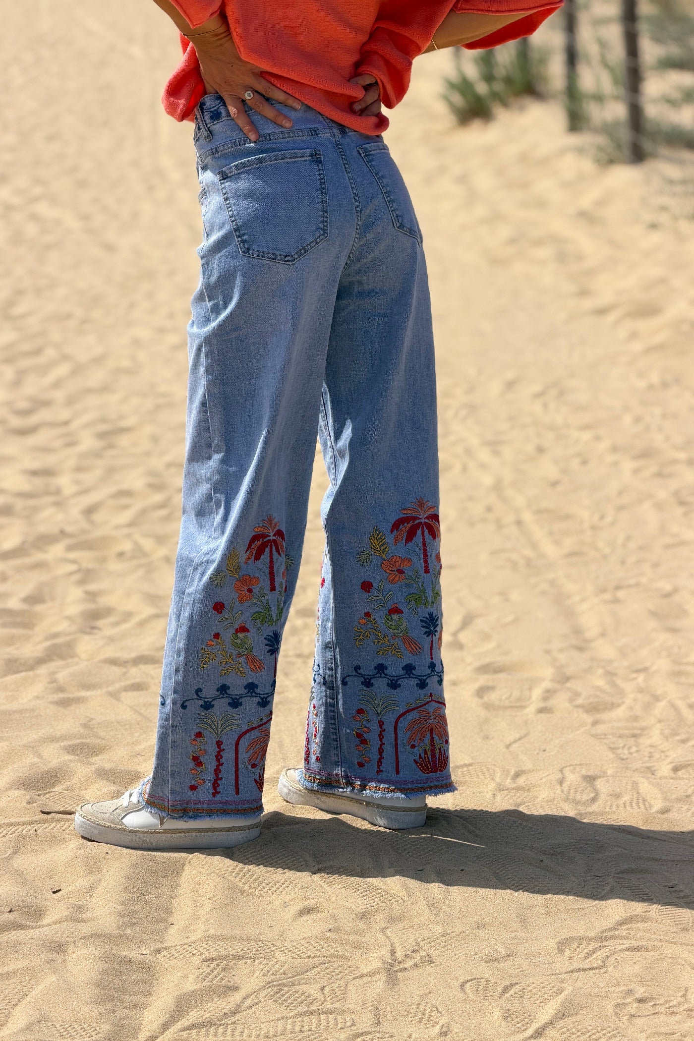 Chambray Tropical Embroidered Wide-Leg Jeans