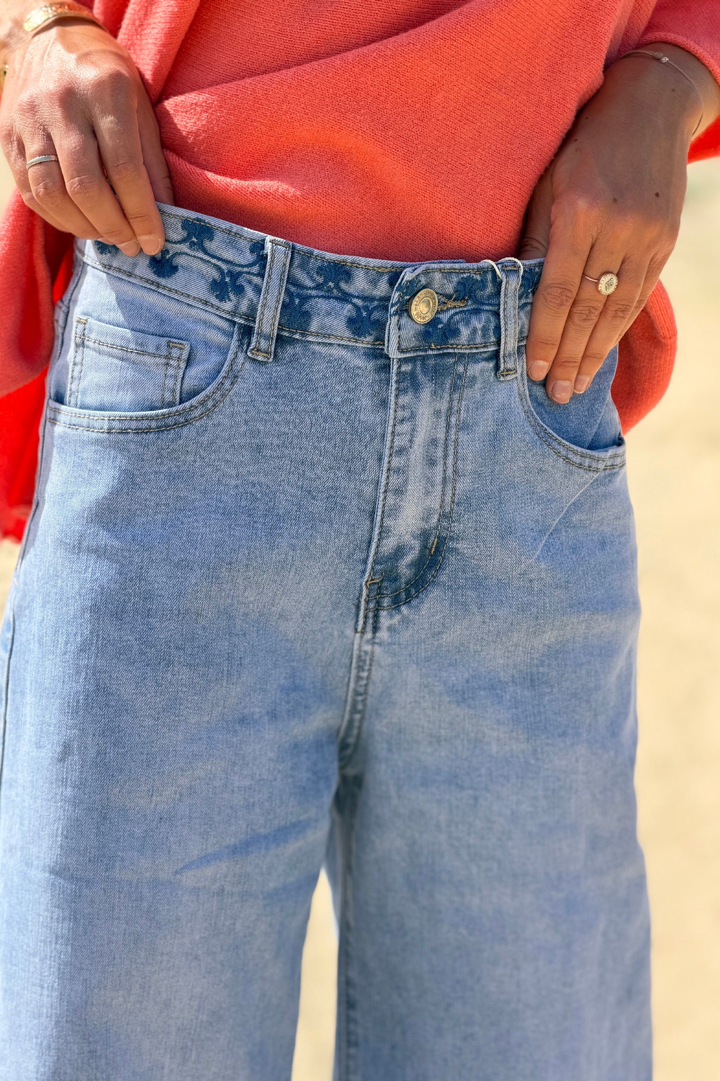 Chambray Tropical Embroidered Wide-Leg Jeans