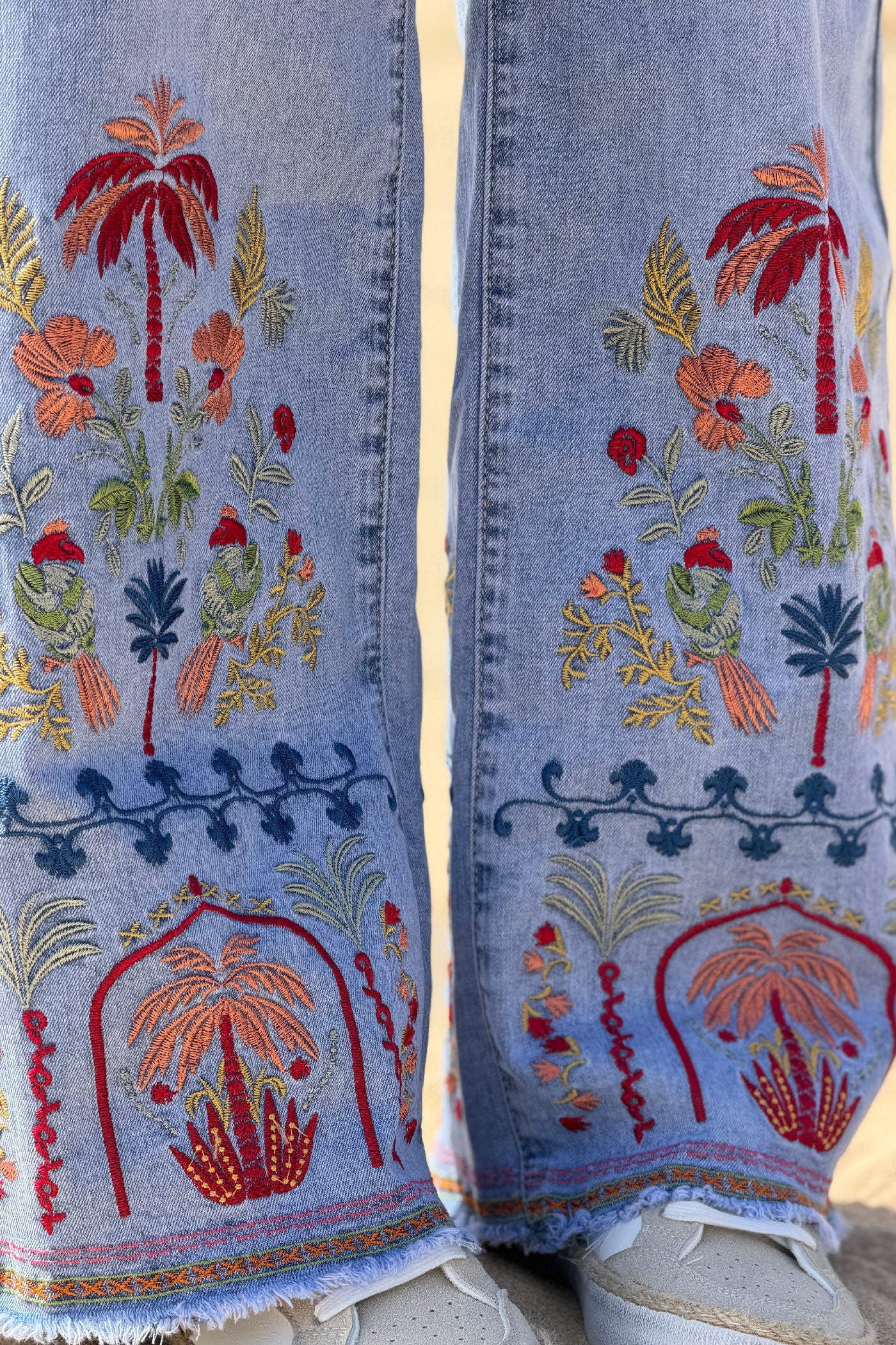 Chambray Tropical Embroidered Wide-Leg Jeans