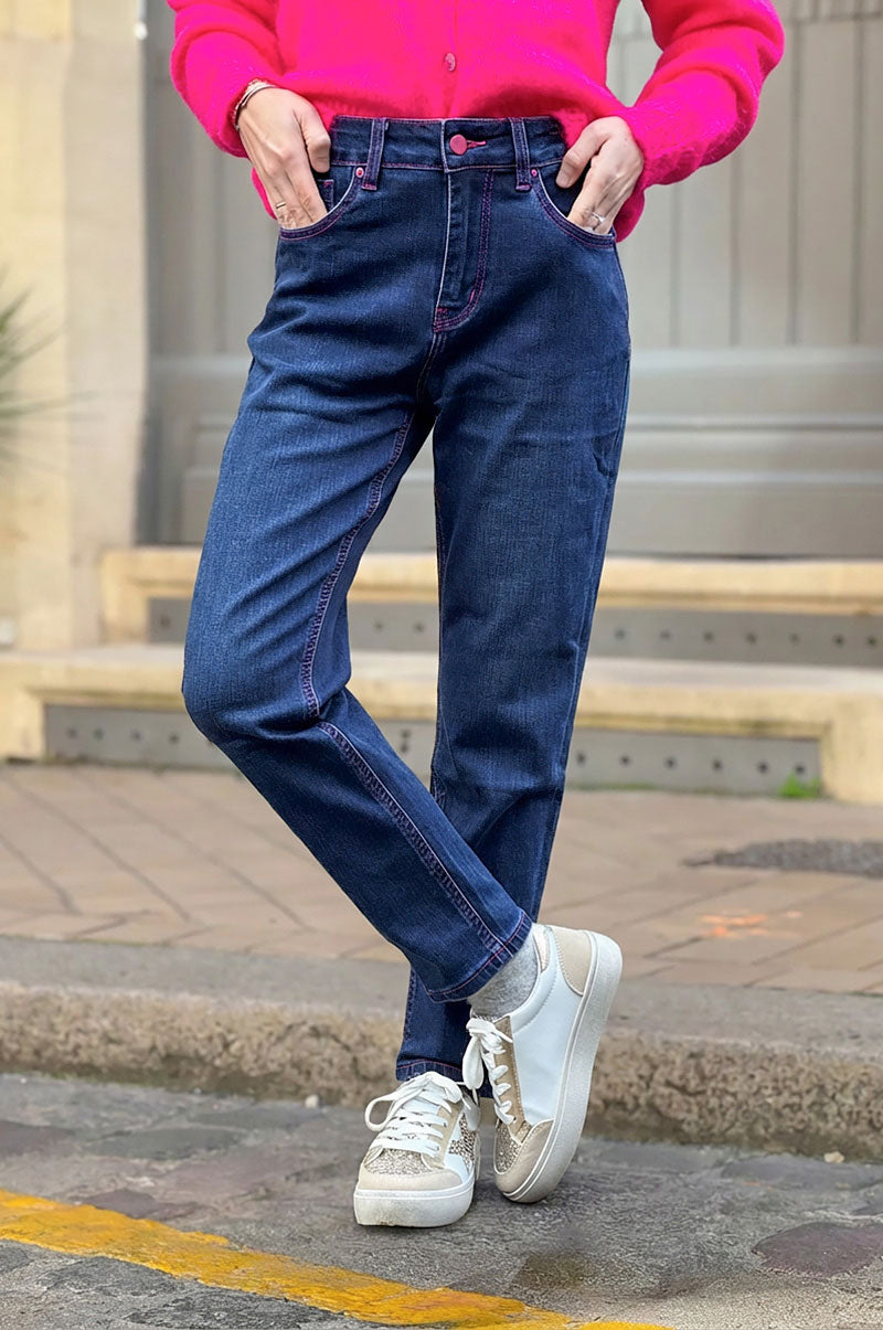 Indigo Denim Pink Contrast Stitch Jeans - Horizons Lointains