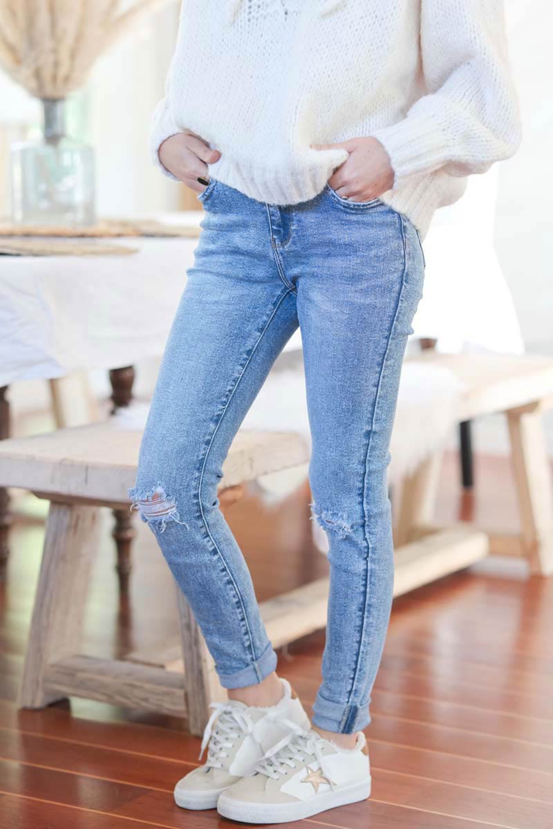 Jean skinny dechire taille haute et push up delavage clair E196 (1)