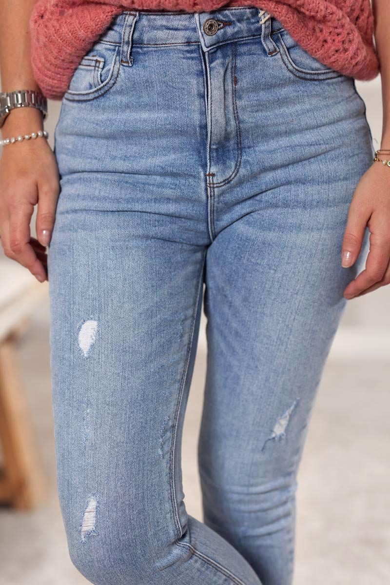 Jean skinny délavé clair cheville déchirée pantalons pour femme basic G046