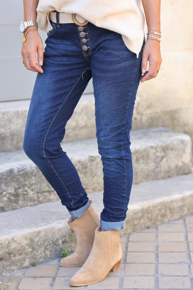 Jean slim fonce boutons originaux pierre rouge G197 (1)