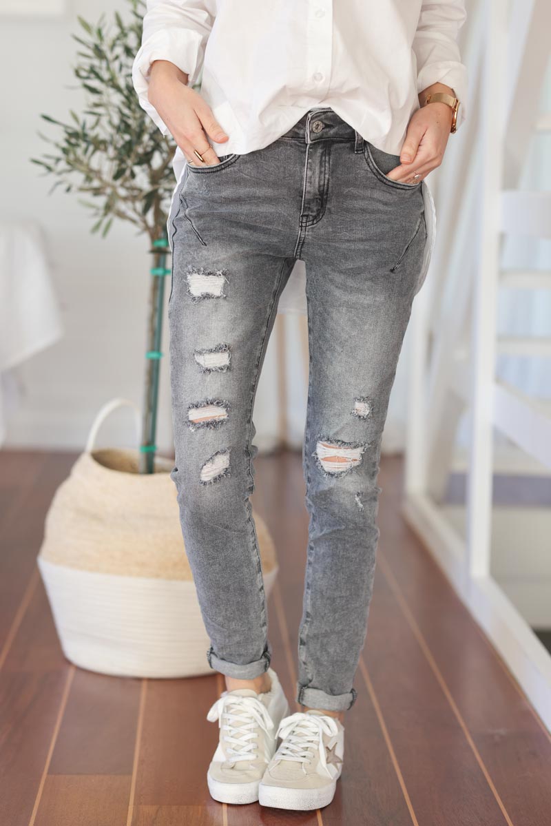 Jean slim gris delave stretch troue E235 (1)