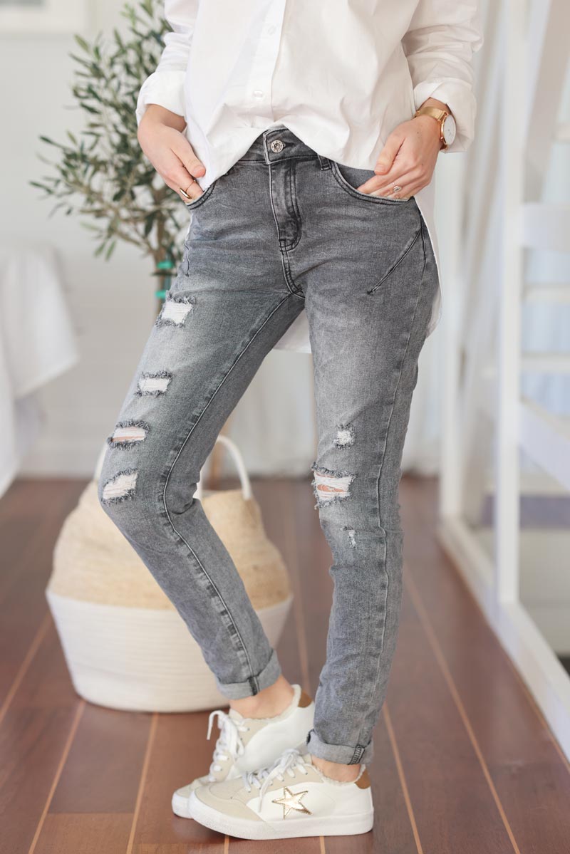 Jean slim gris delave stretch troue E235 (1)