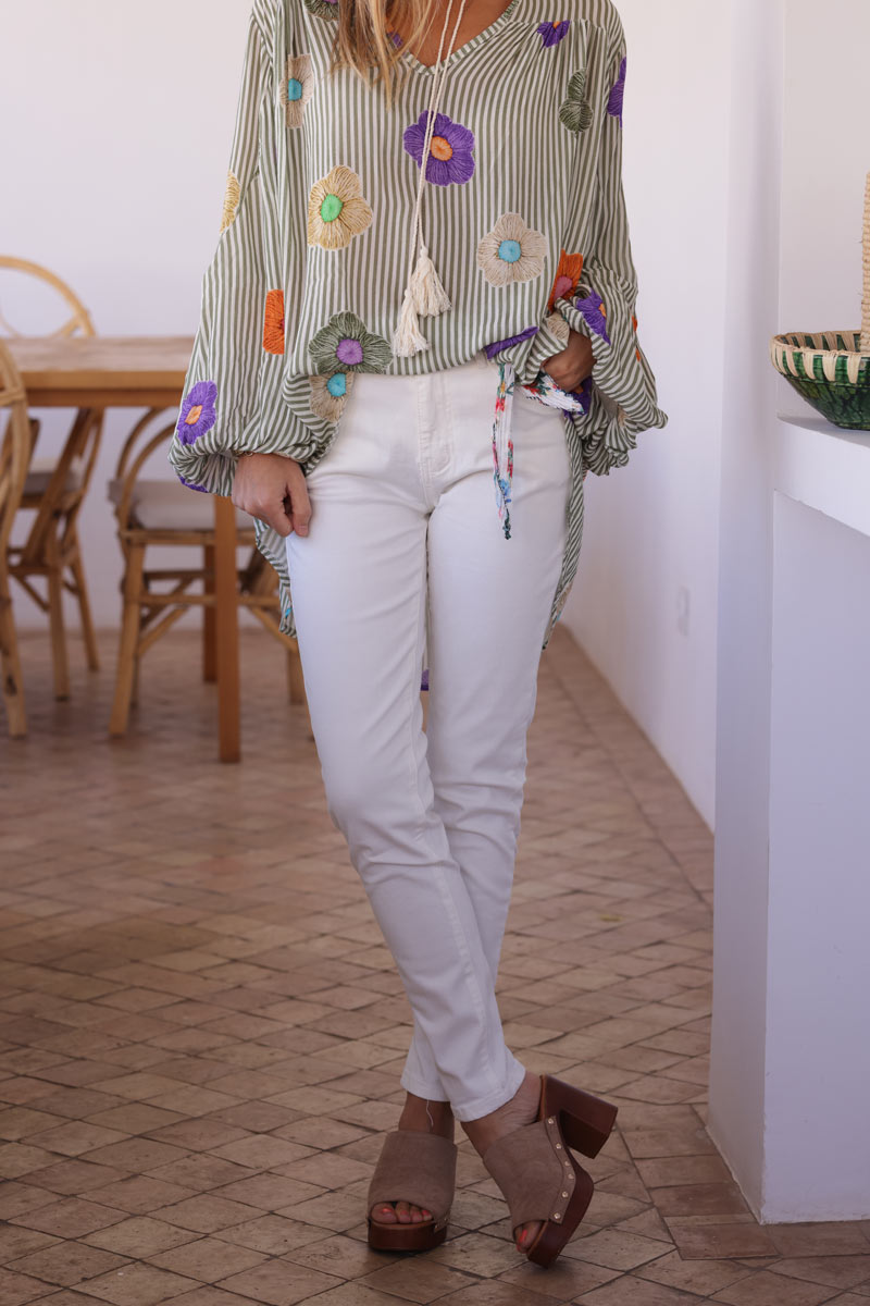 Off white stretch slim fit jeans with motif scarf belt