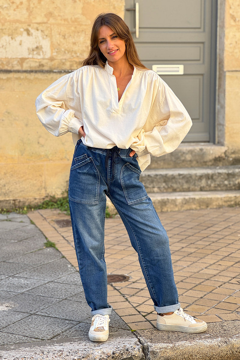 Medium Wash Pull-On Utility Jeans