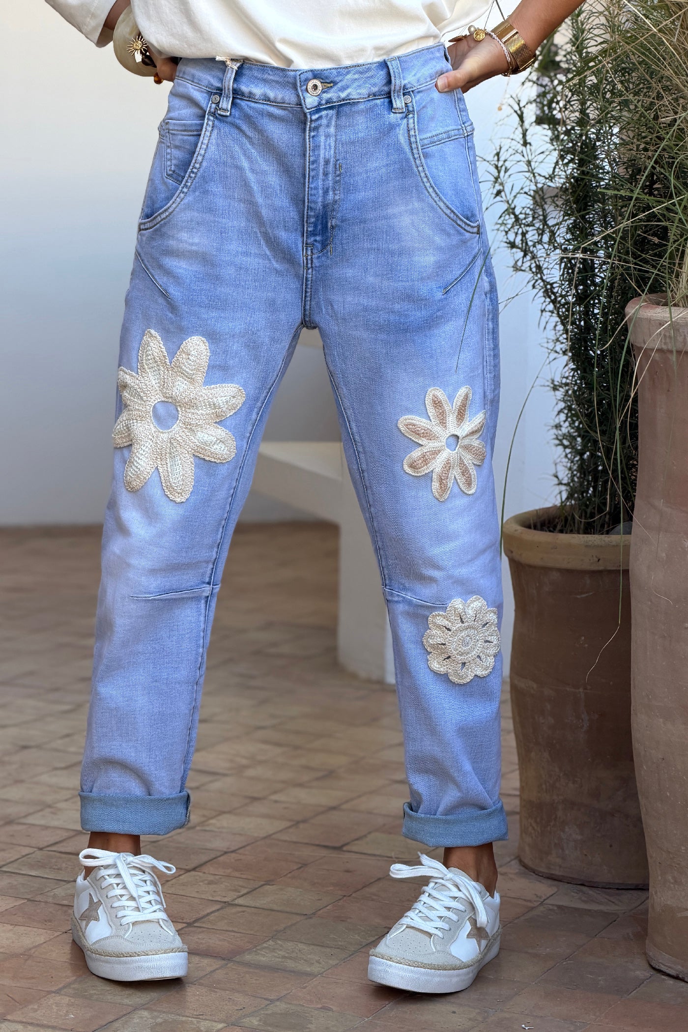 Chambray Daisy Crochet Applique Vintage Jeans