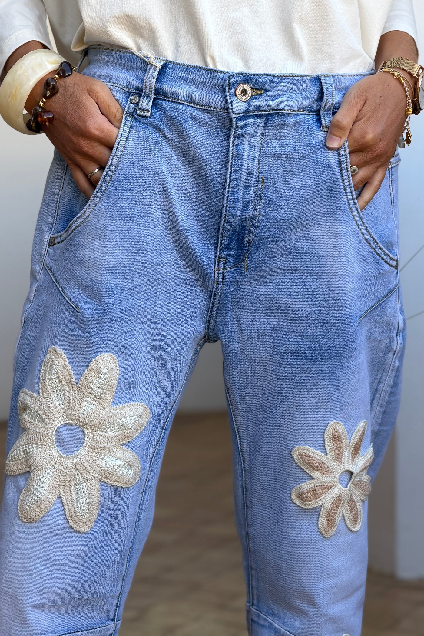 Chambray Daisy Crochet Applique Vintage Jeans