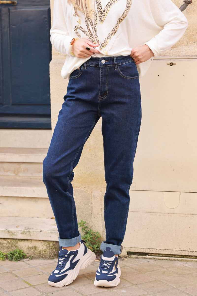 Jean taille haute délavé foncé coupe mom fit