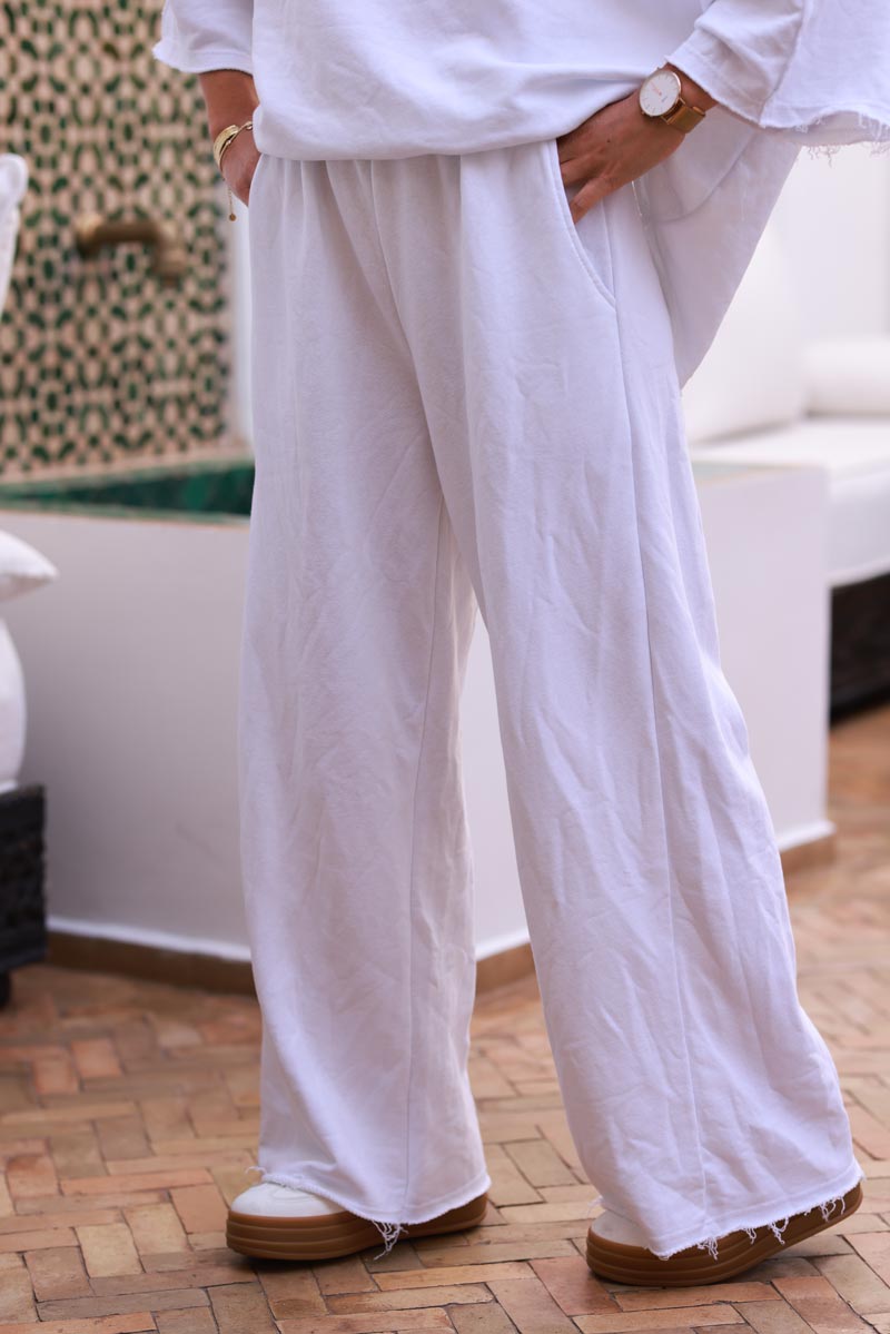 White Raw Hem Casual Jersey Pants