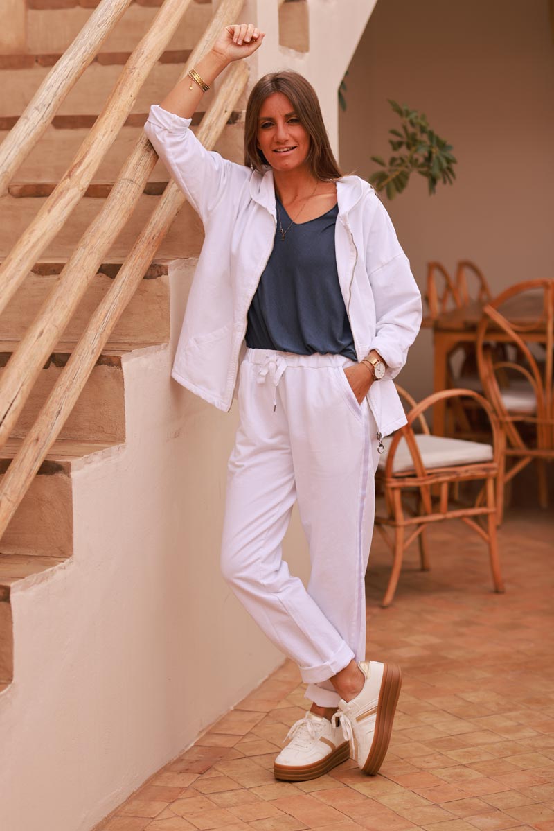 Jogging blanc confort taille élastique liseré ruban satiné