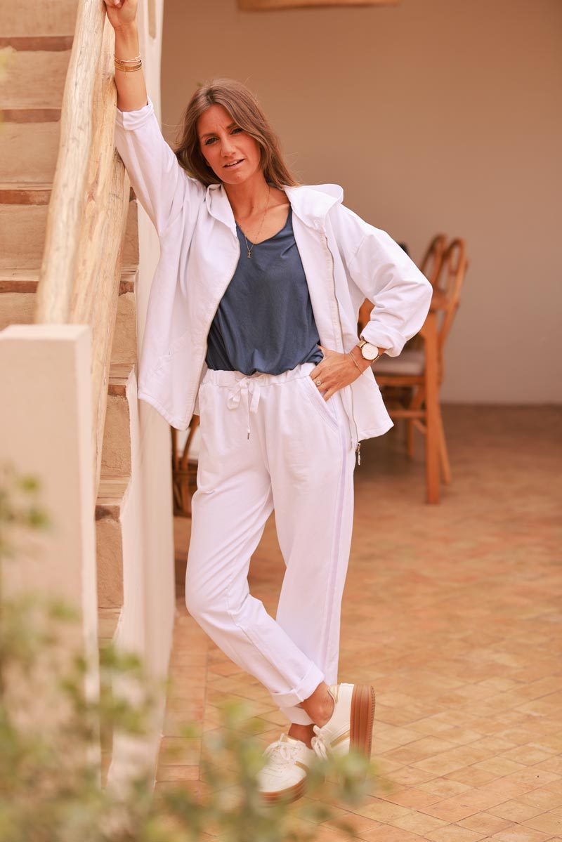 Jogging blanc confort taille élastique liseré ruban satiné