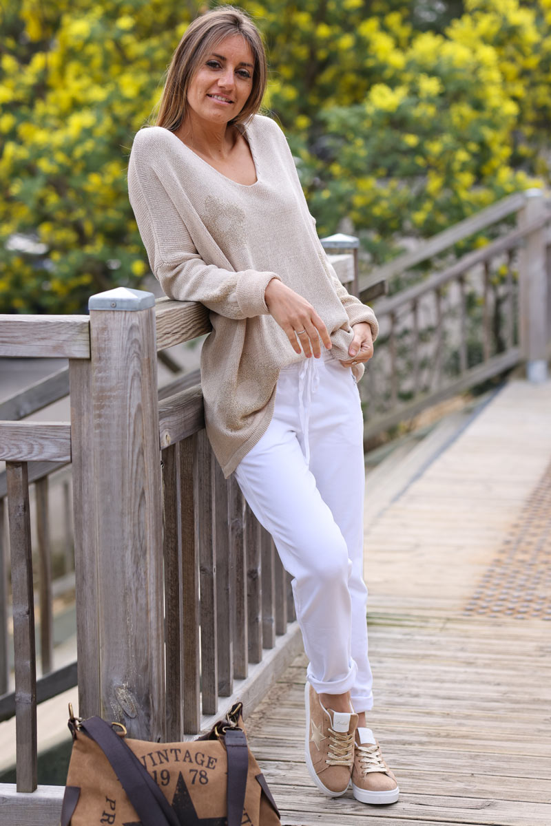 White stretch sweatpants with ribbon outseam zipped pockets