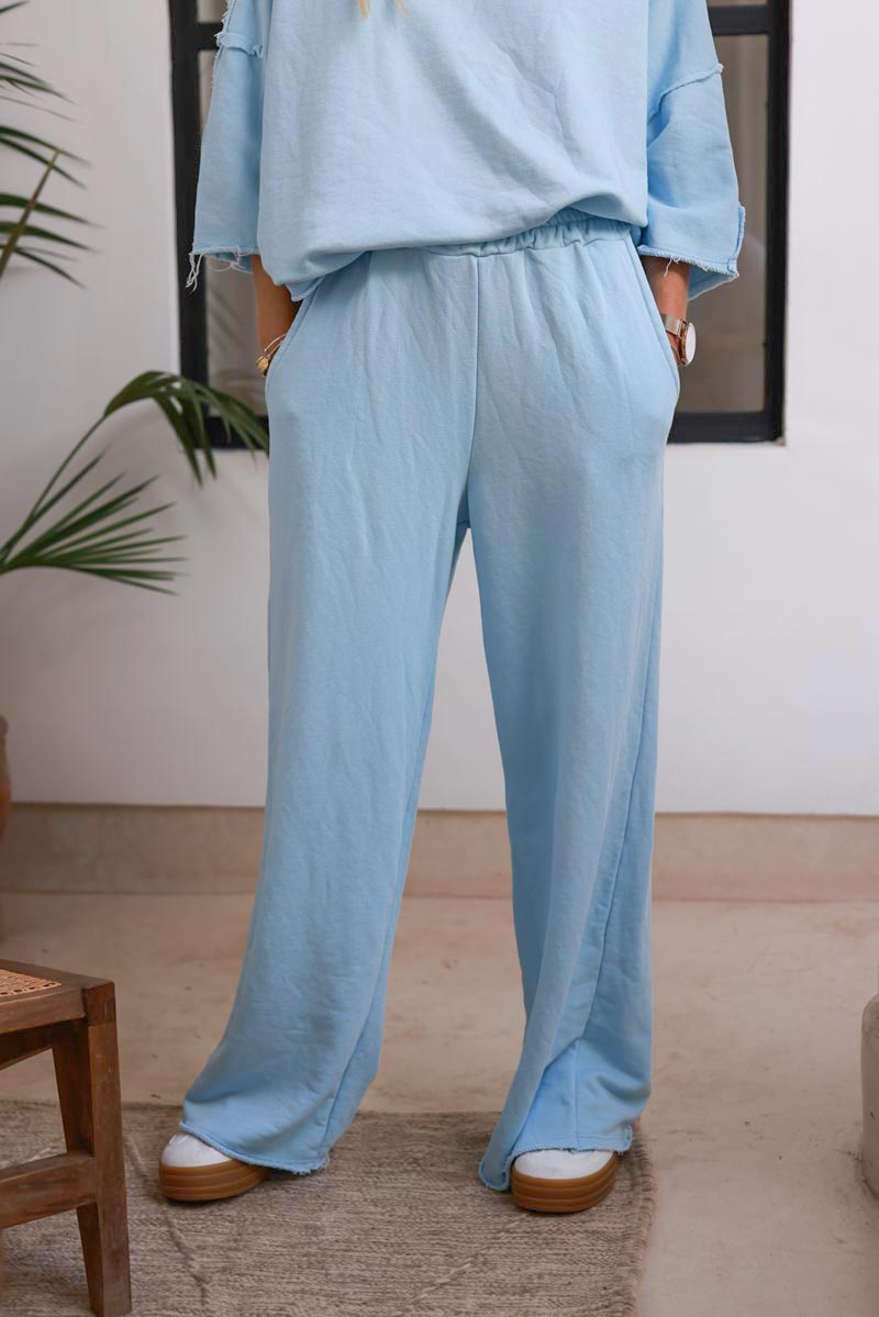 Jogging bleu ciel confort large wide leg détail effiloché ceinture élastique