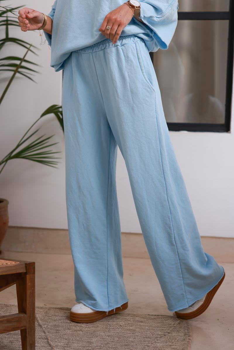 Jogging bleu ciel confort large wide leg détail effiloché ceinture élastique