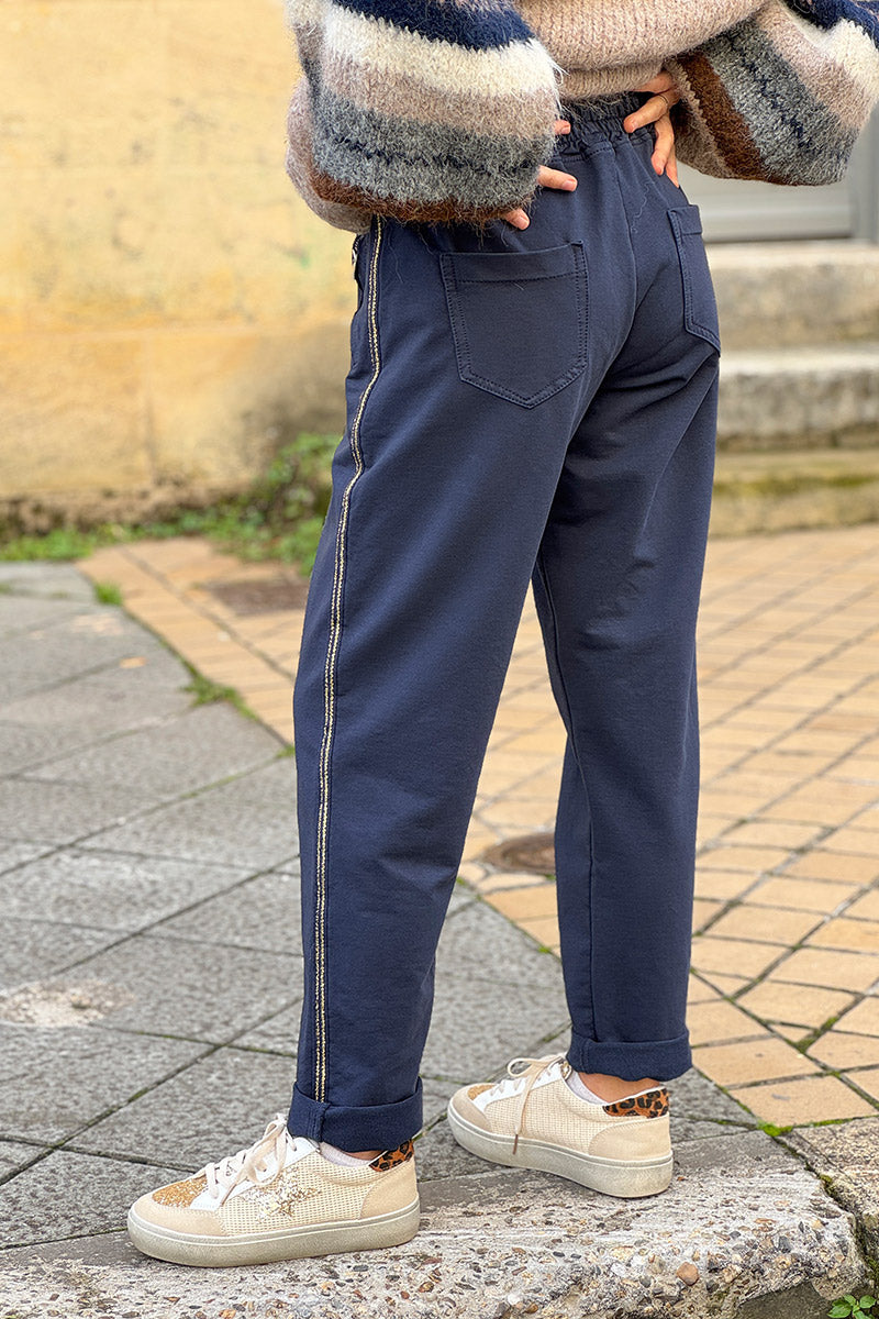 Navy Metallic Racing Stripe Joggers