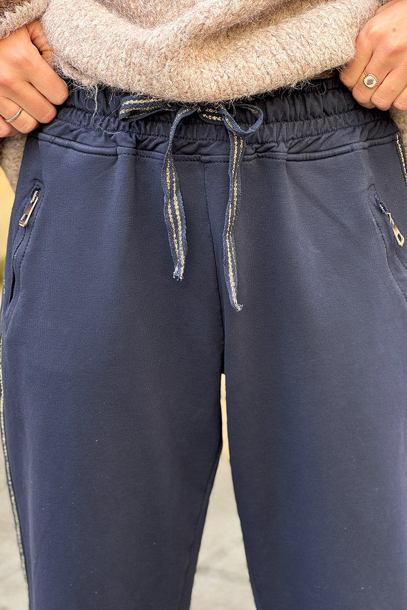 Navy Metallic Racing Stripe Joggers