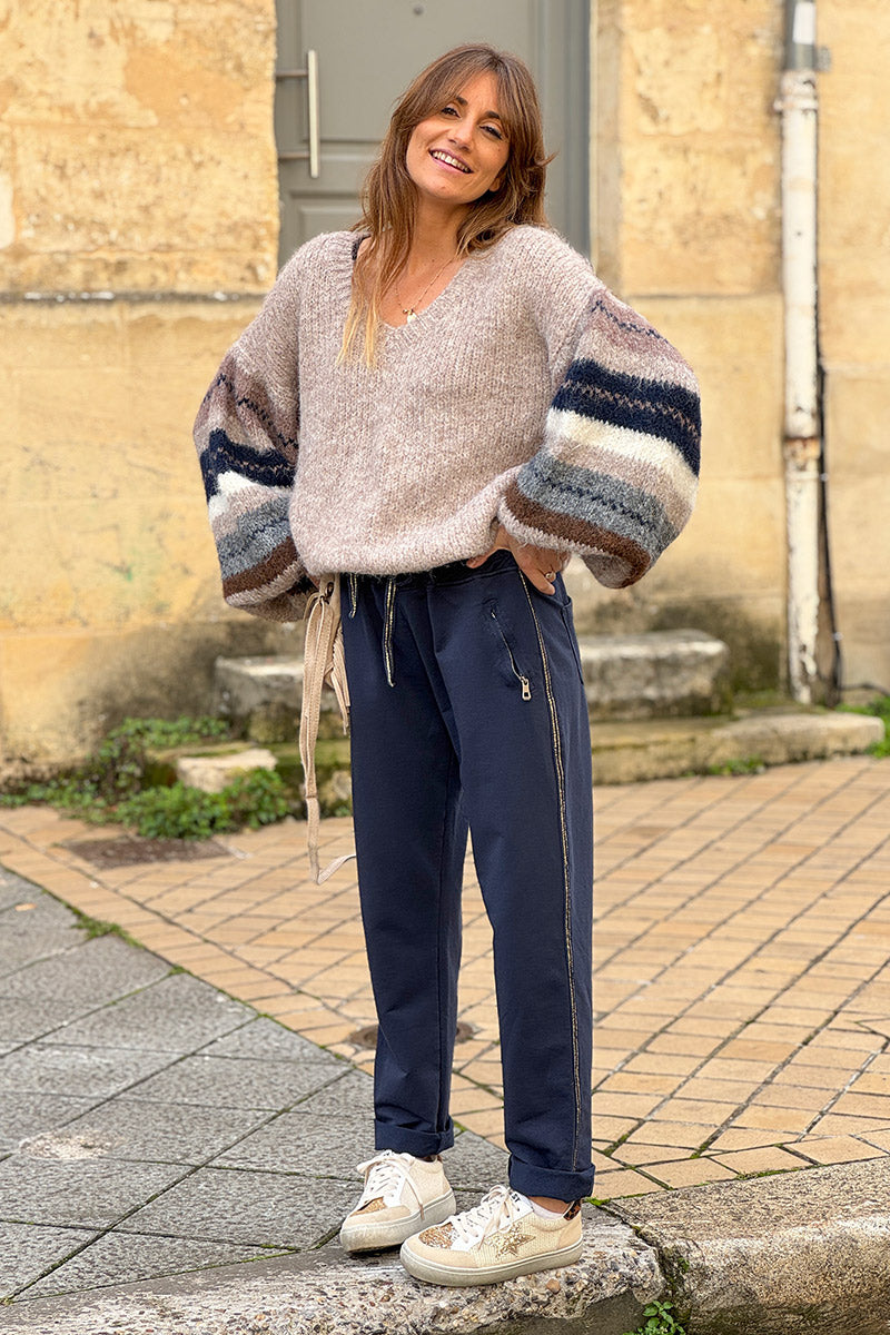 Navy Metallic Racing Stripe Joggers