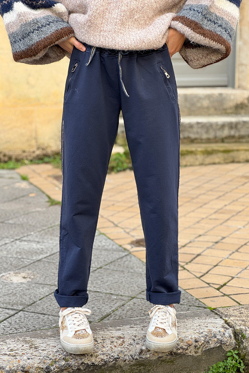Navy Metallic Racing Stripe Joggers