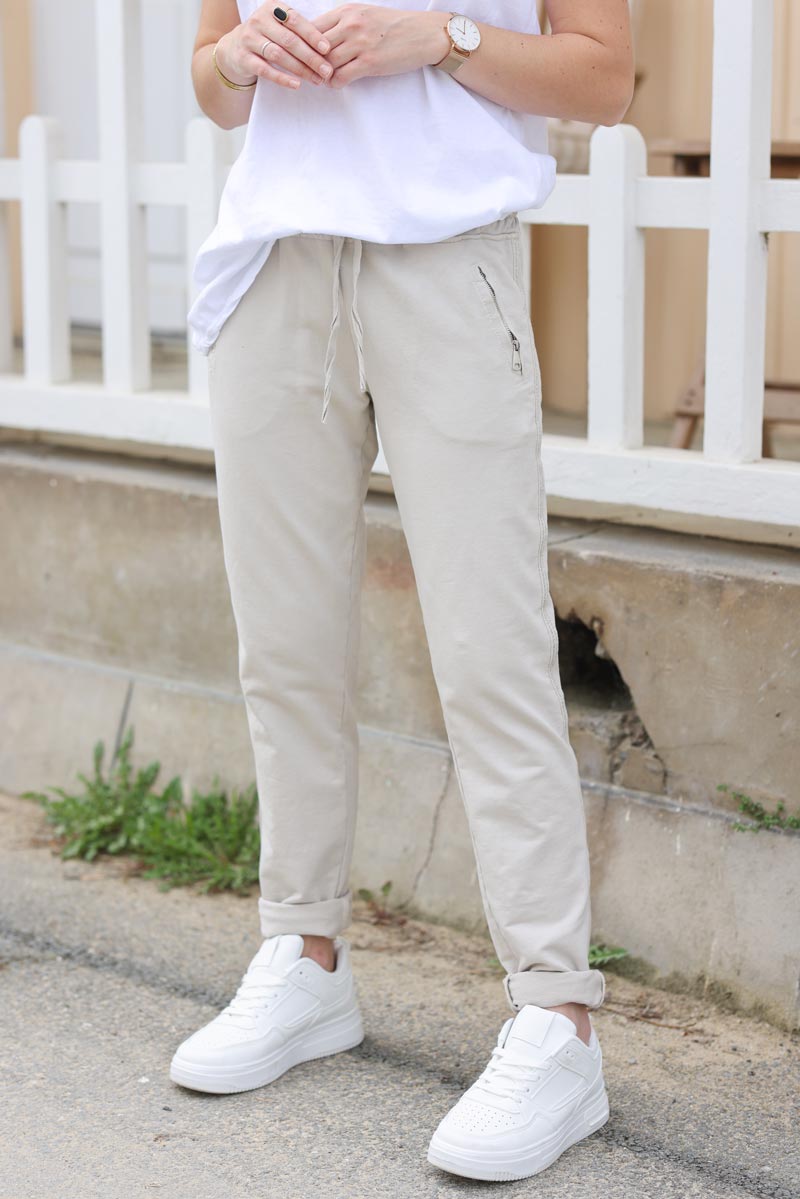 Jogging confort beige ceinture elastique lisere brillant sur les cotes H080 (1)