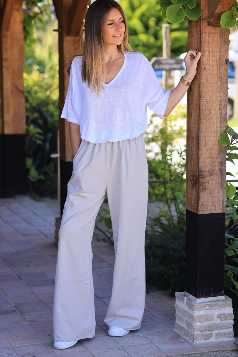 Beige stretch cotton wide leg flared sweatpants