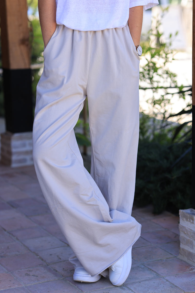 Beige stretch cotton wide leg flared sweatpants