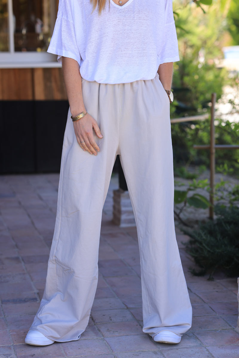 Beige stretch cotton wide leg flared sweatpants