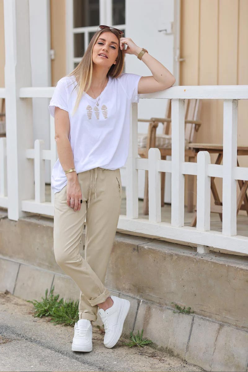 Beige cotton comfort sweatpants with silver glitter seams