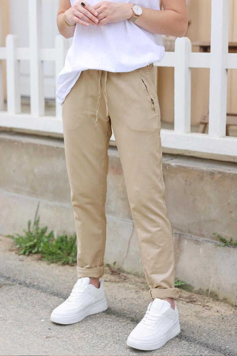 Beige cotton comfort sweatpants with silver glitter seams