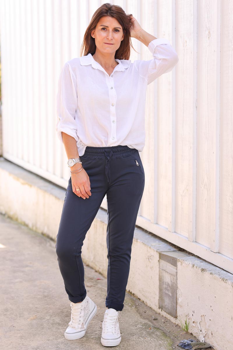 Jogging confort bleu marine ceinture elastique lisere brillant sur les cotes H080 (1)