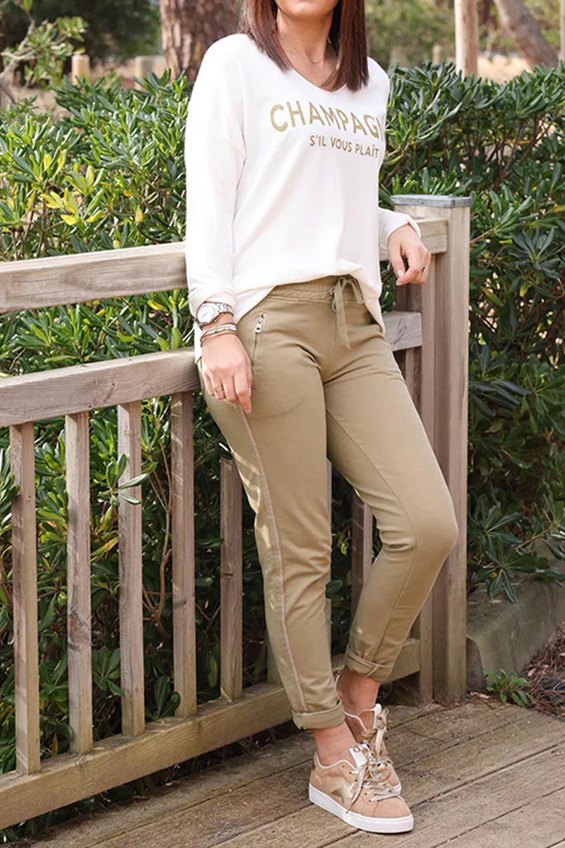 Light camel cotton comfort sweatpants with silver glitter seams