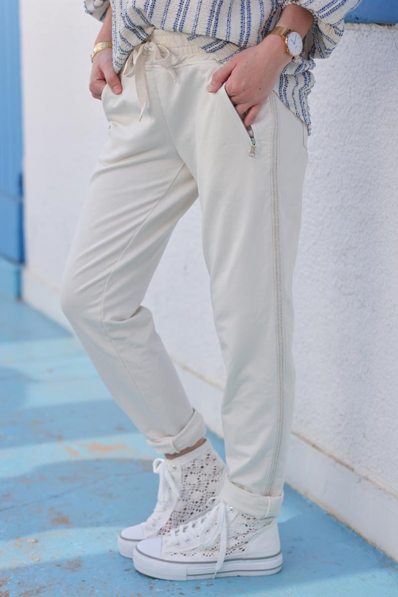 Cream cotton comfort sweatpants with silver glitter seams