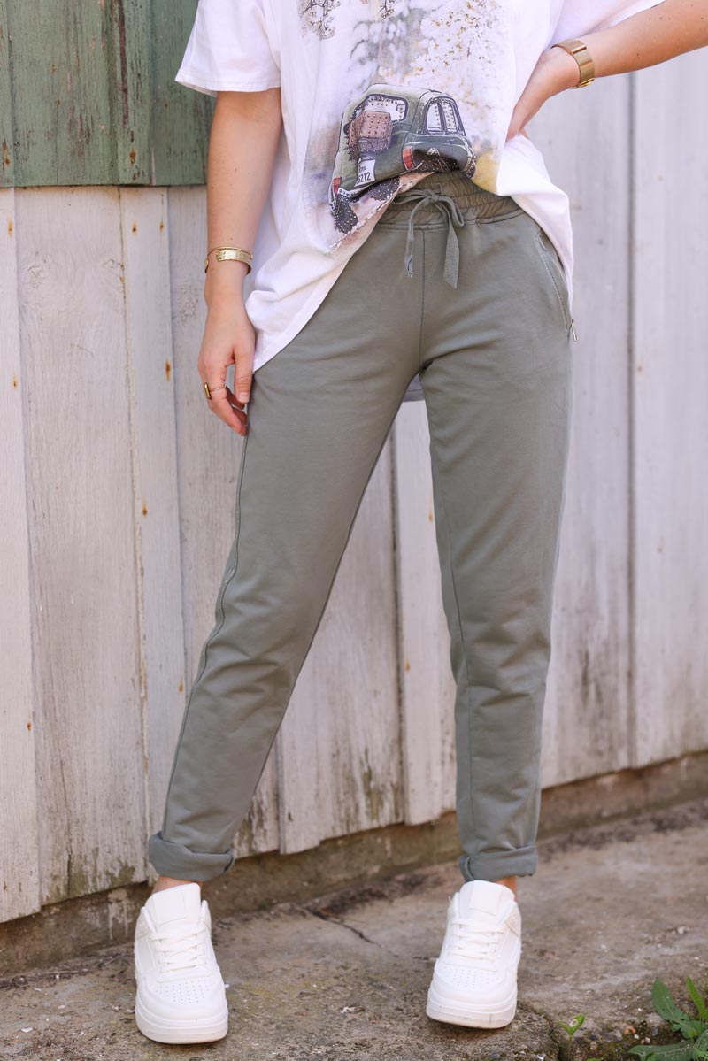 Olive cotton comfort sweatpants with silver glitter seams