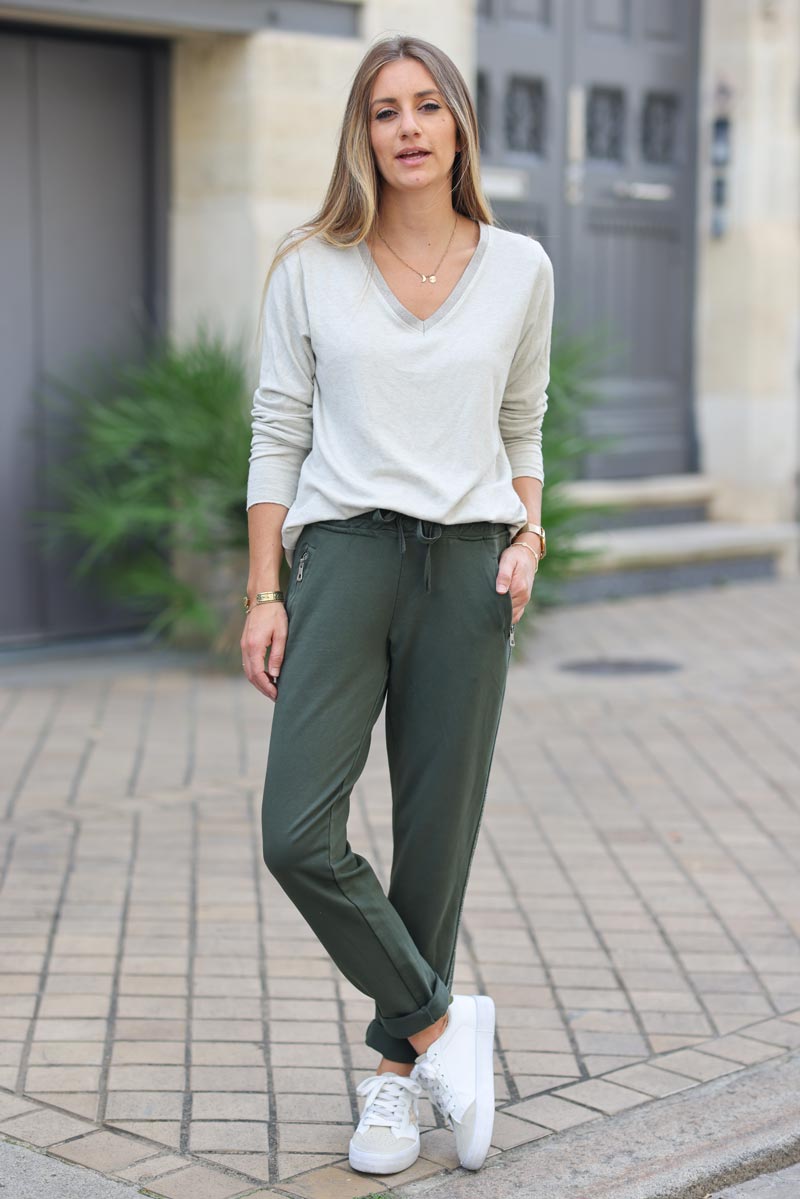 Jogging confort kaki fonce ceinture elastique lisere brillant sur les cotes h080 (1)