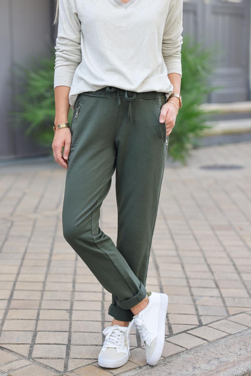 Jogging confort kaki fonce ceinture elastique lisere brillant sur les cotes h080 (1)