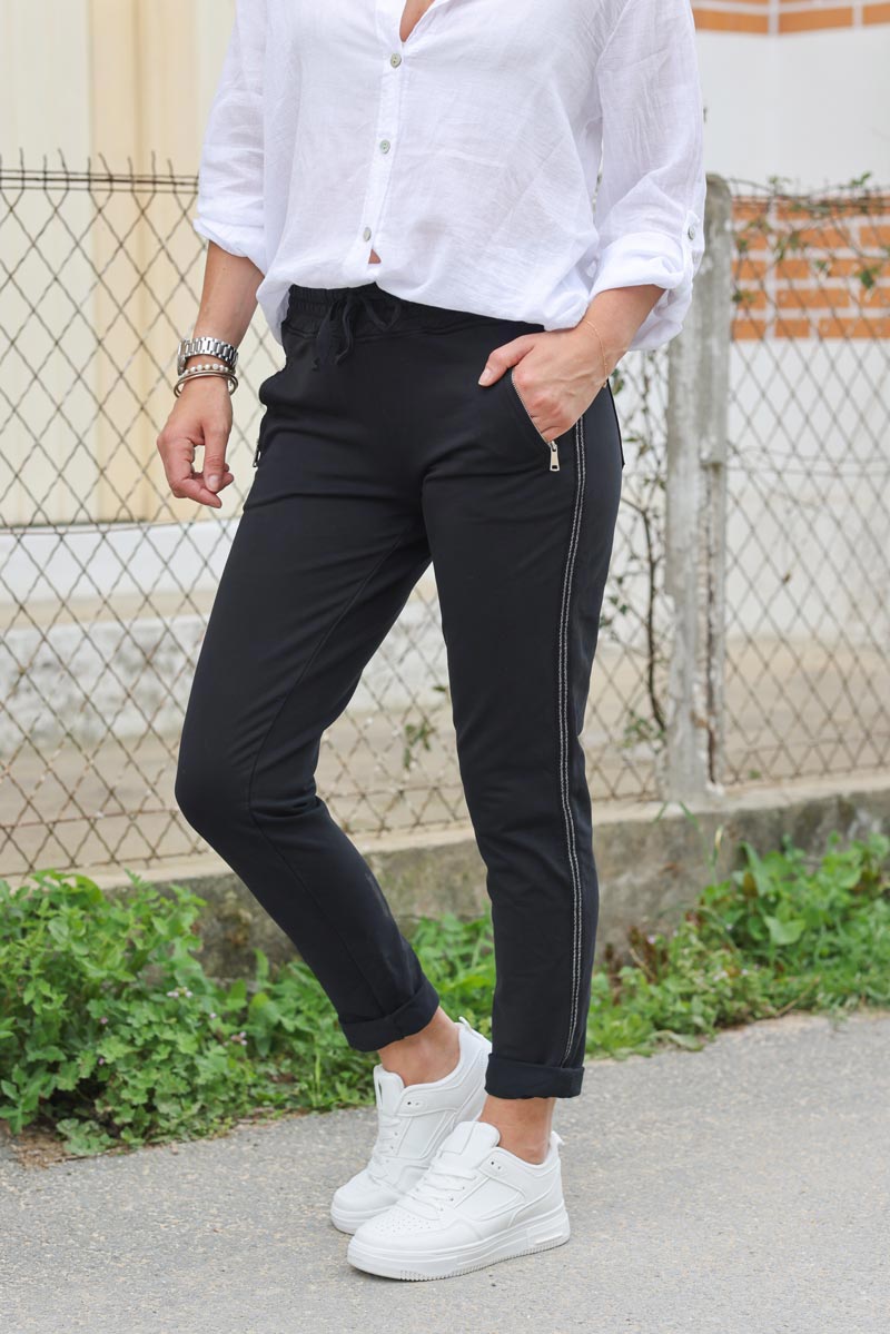 Jogging confort noir ceinture elastique lisere brillant sur les cotes H080 (1)