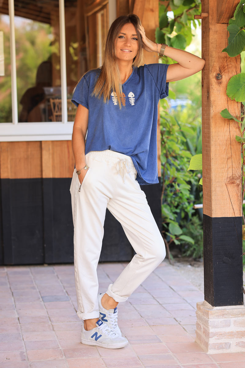 Ecru cotton jogging bottoms with embroidered cheveron outseams