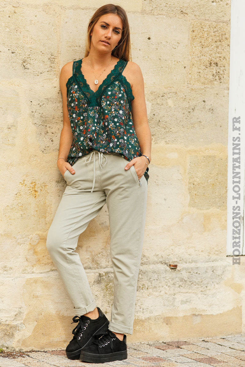 Jogging-grège-gris-clair-beige-ceinture-élastique-poches-zip-pantalon-femme-détail