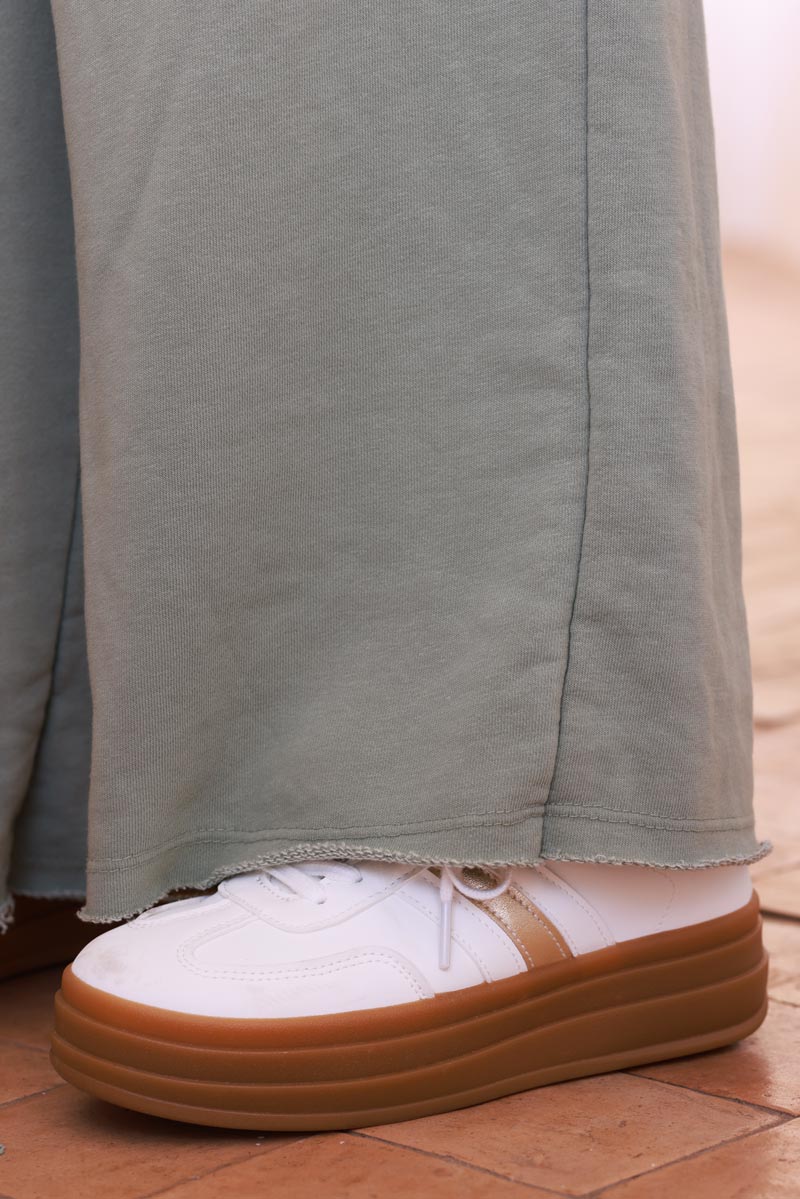 Jogging kaki confort large wide leg détail effiloché ceinture élastique