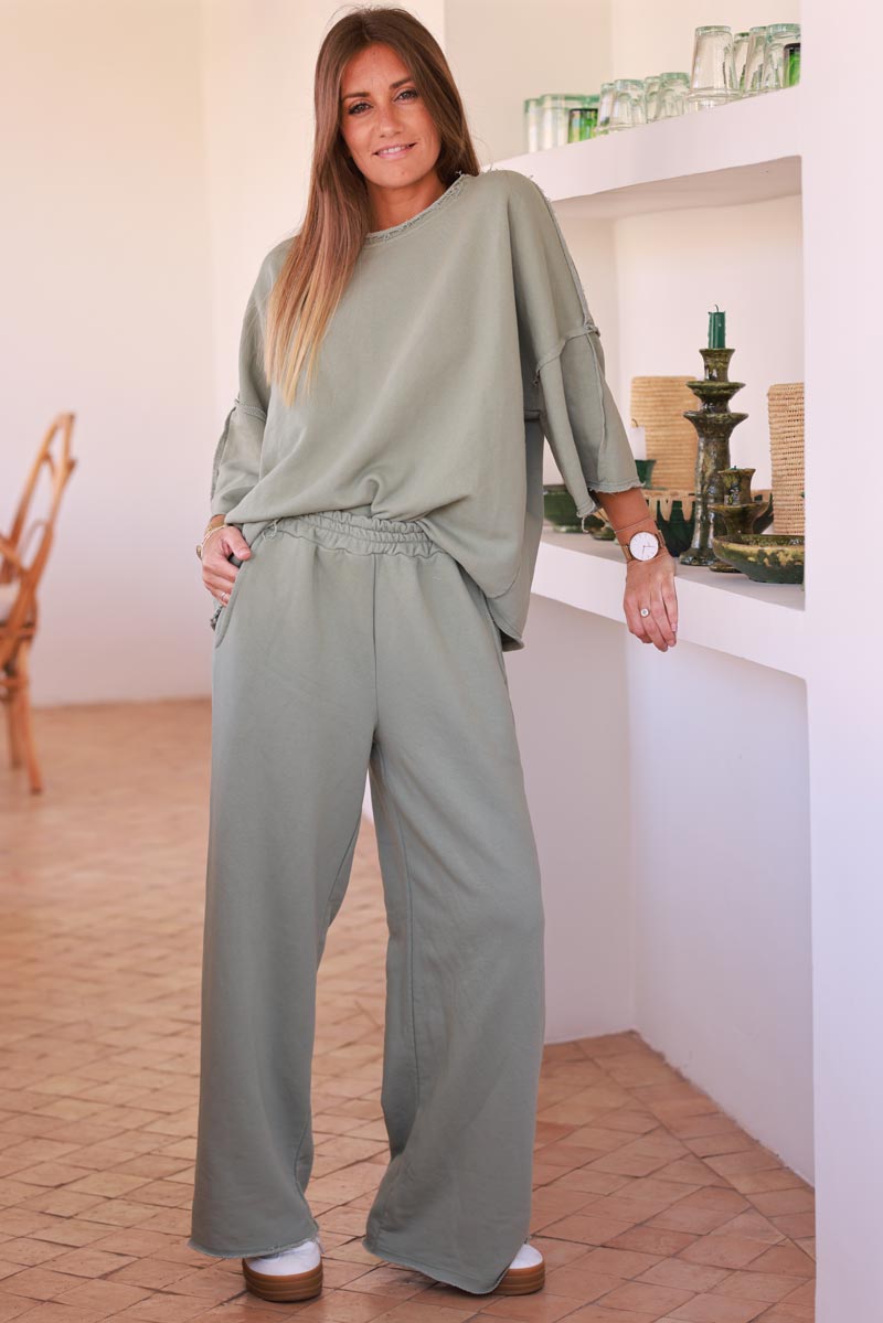 Jogging kaki confort large wide leg détail effiloché ceinture élastique