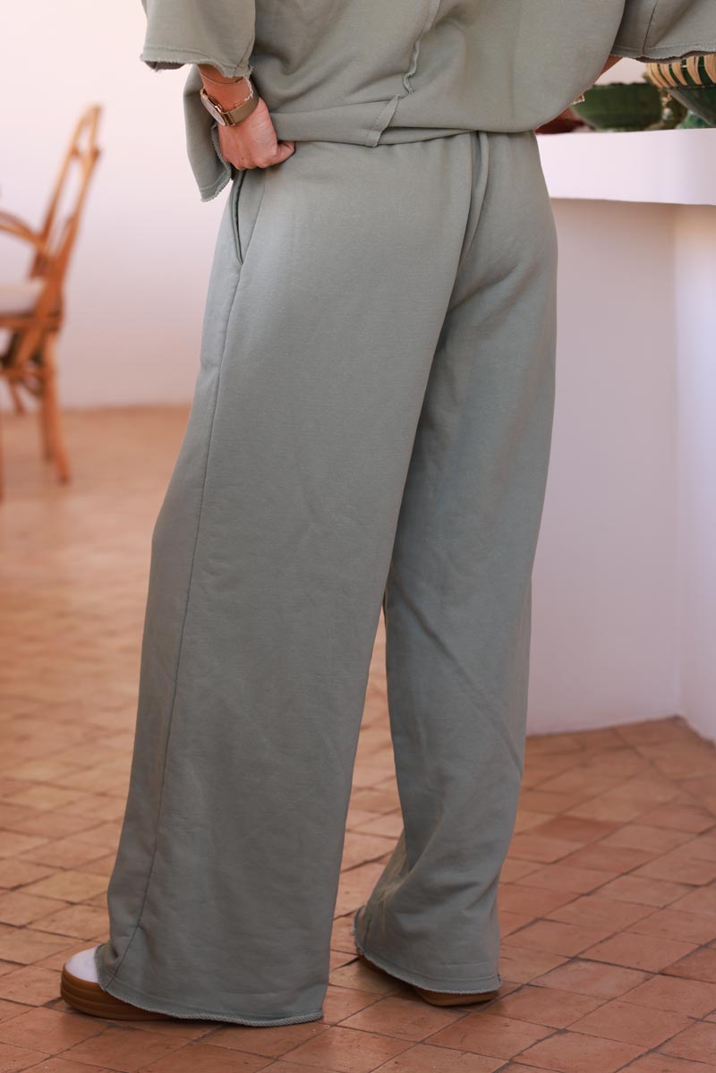 Jogging kaki confort large wide leg détail effiloché ceinture élastique