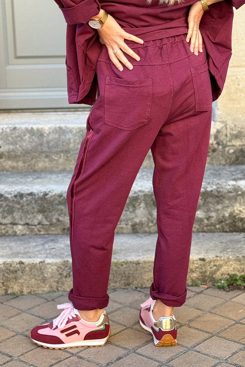 Burgundy Satin Trim Ponte Knit Pull-On Pants