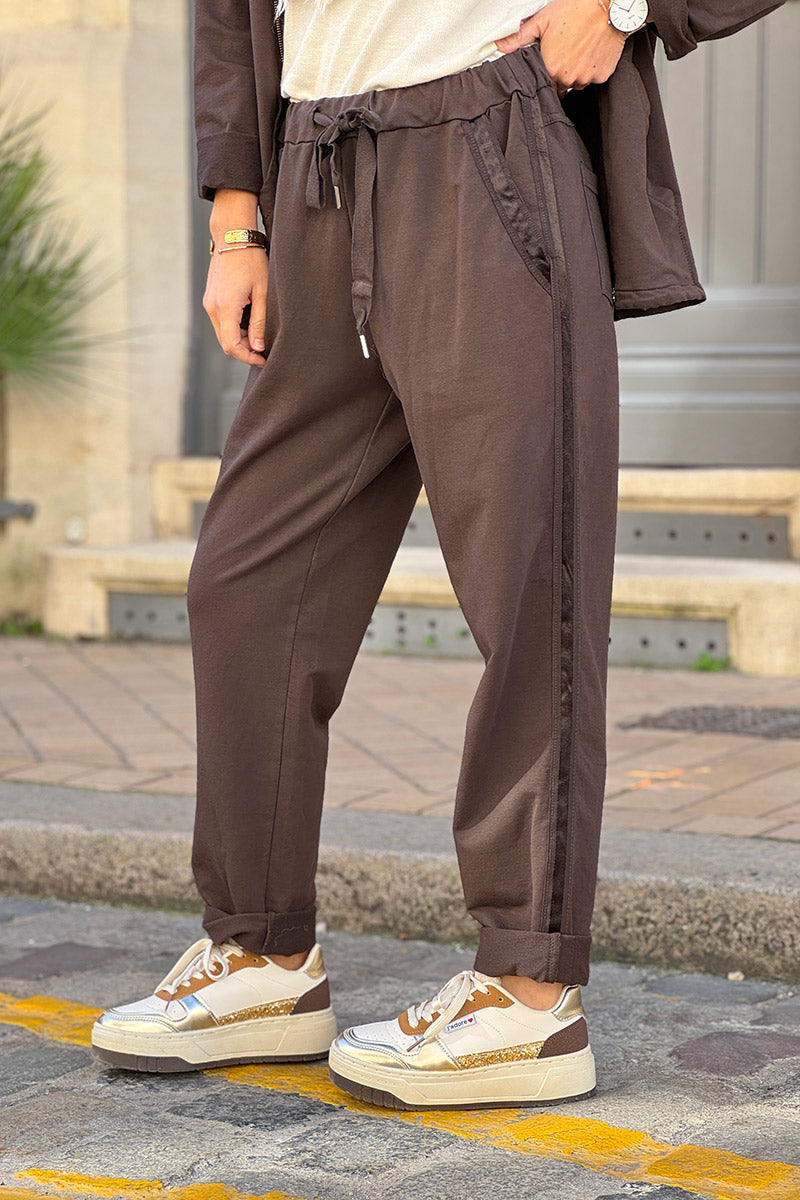 Brown Chocolate Satin Trim Ponte Knit Pull-On Pants