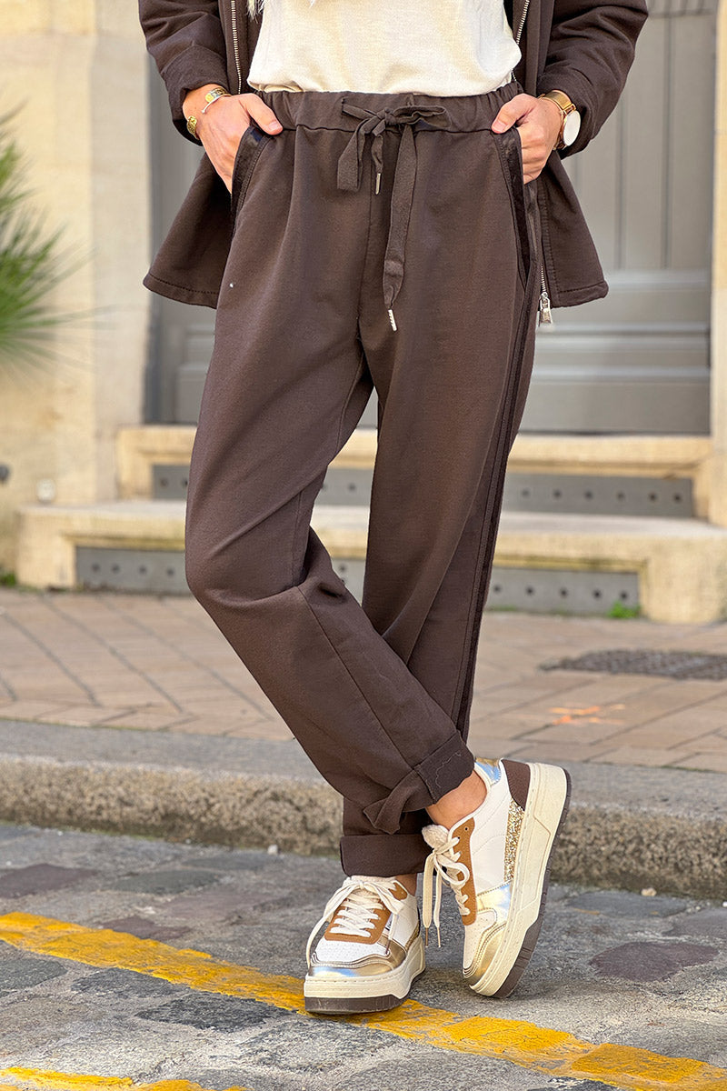 Brown Chocolate Satin Trim Ponte Knit Pull-On Pants