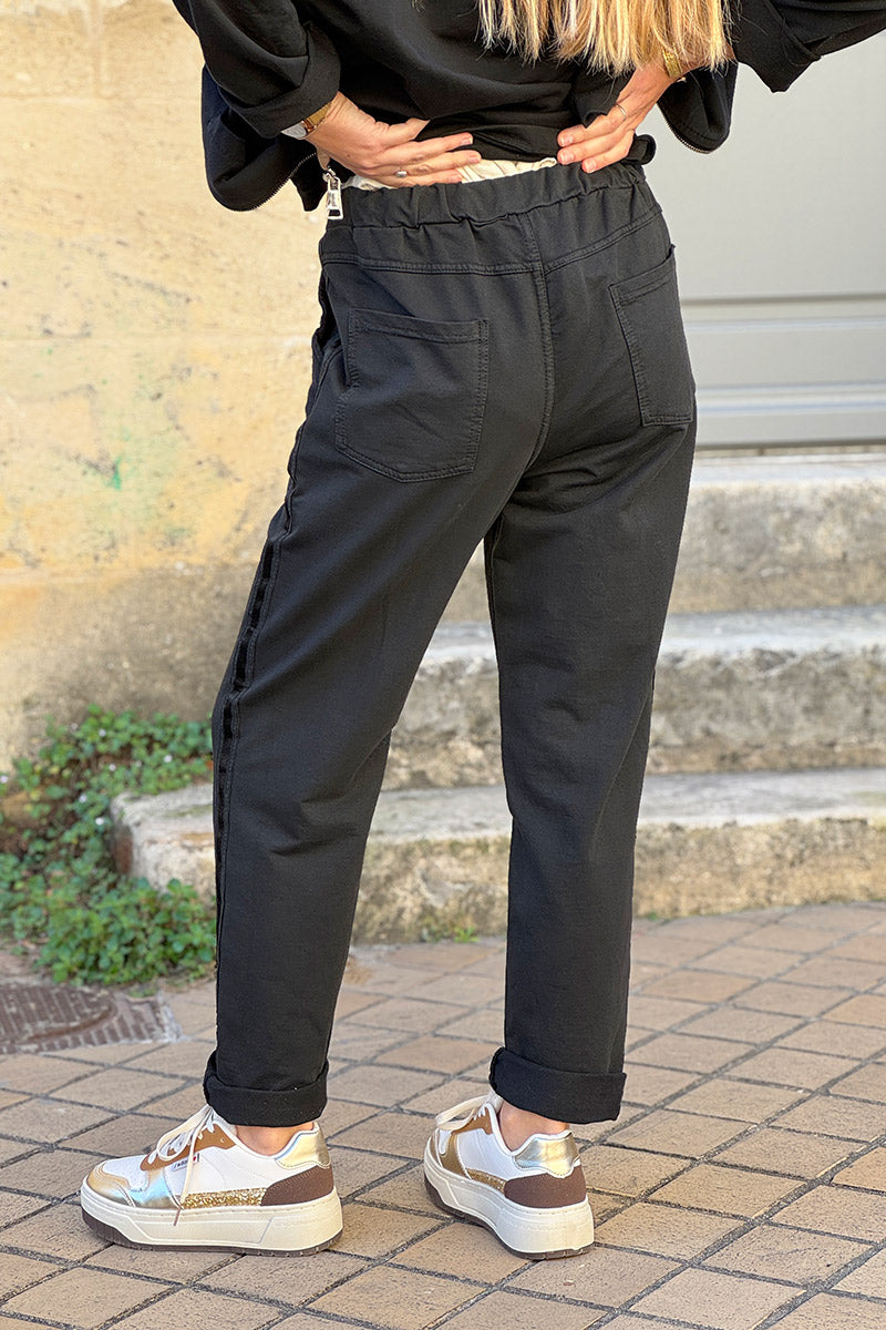 Black Satin Trim Ponte Knit Pull-On Pants