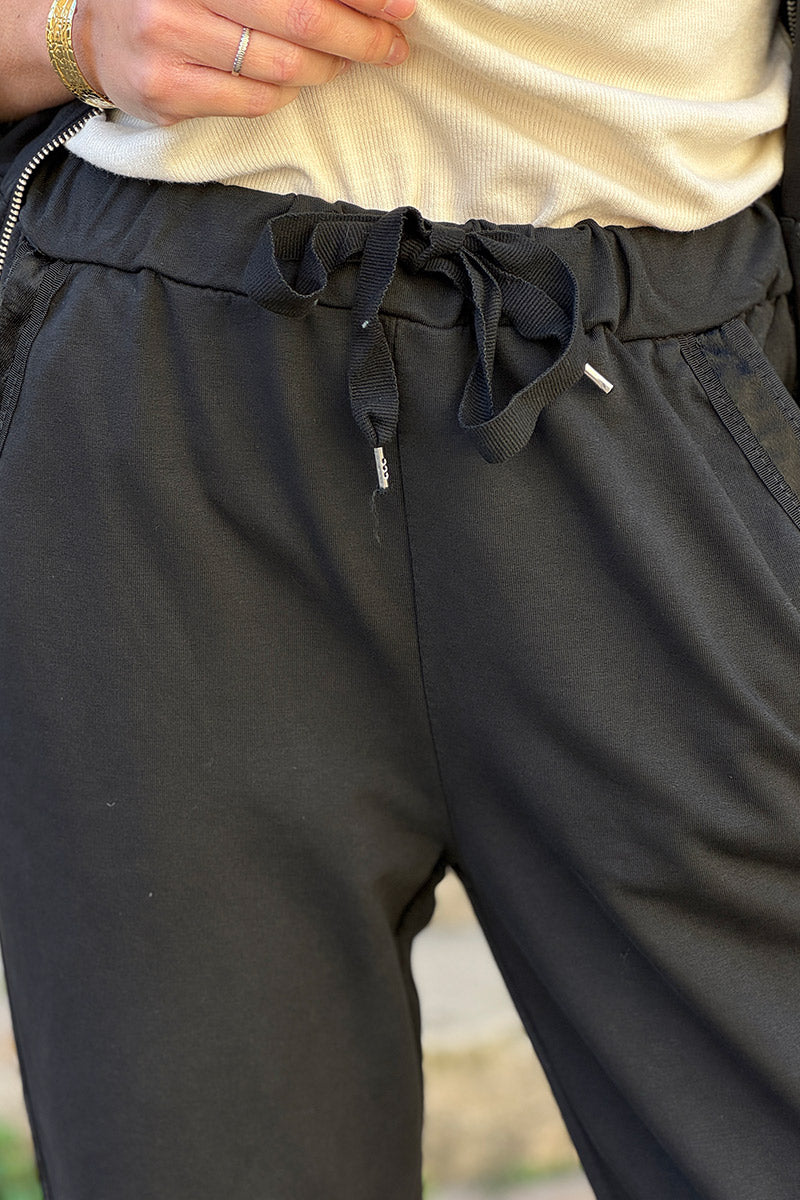 Black Satin Trim Ponte Knit Pull-On Pants