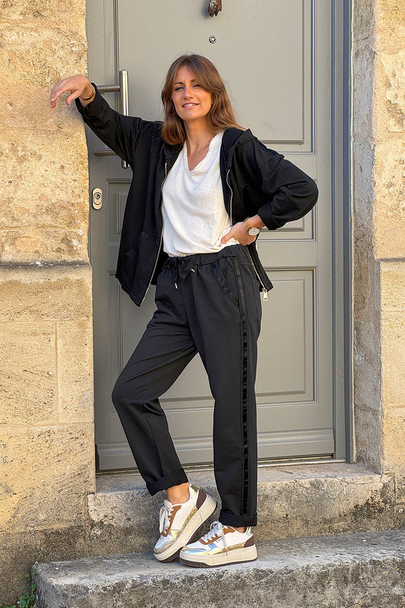 Black Satin Trim Ponte Knit Pull-On Pants