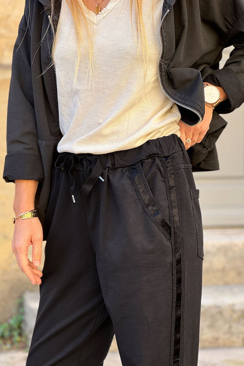 Black Satin Trim Ponte Knit Pull-On Pants