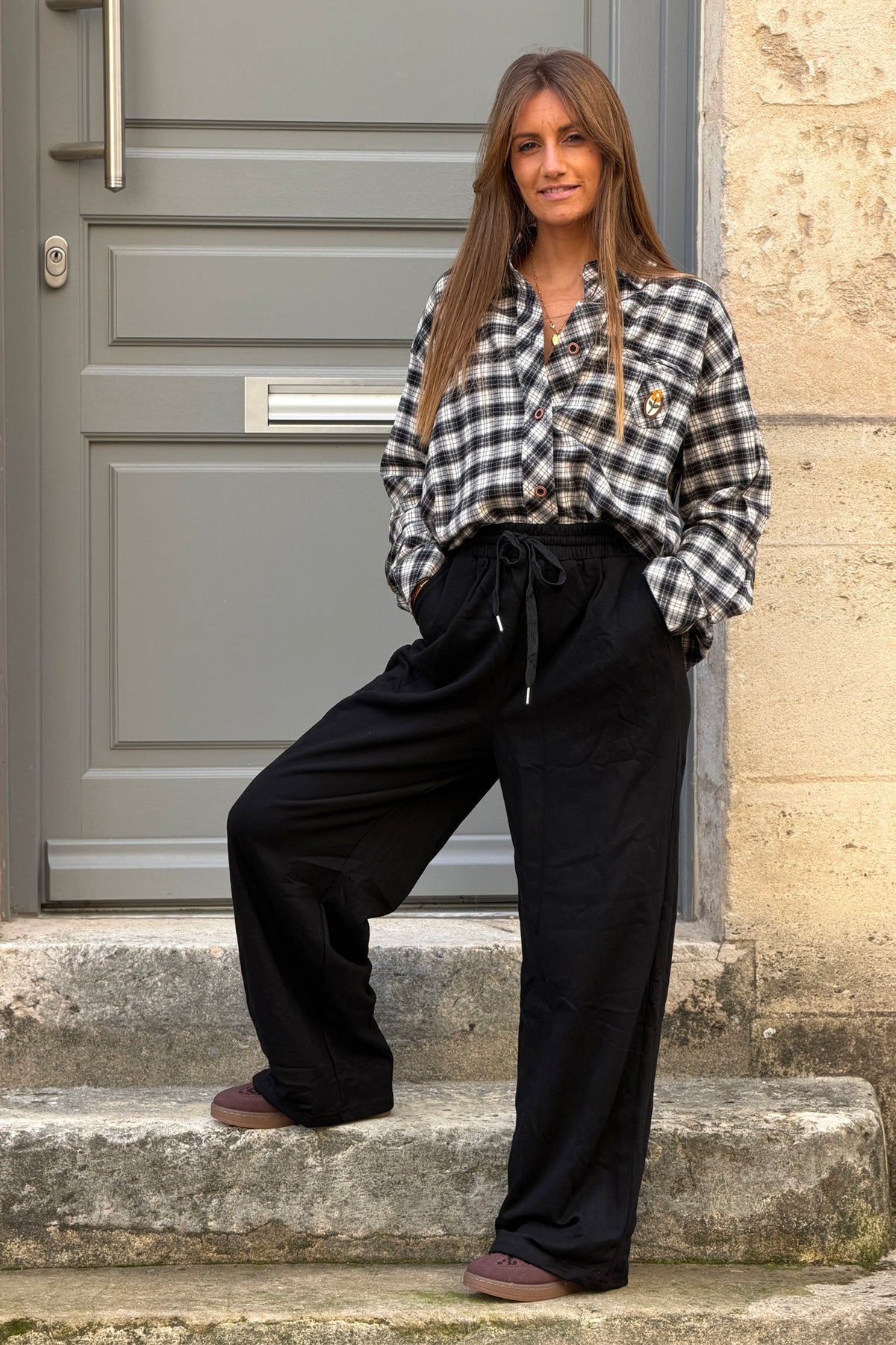 Jogging noir wide leg en coton taille élastique